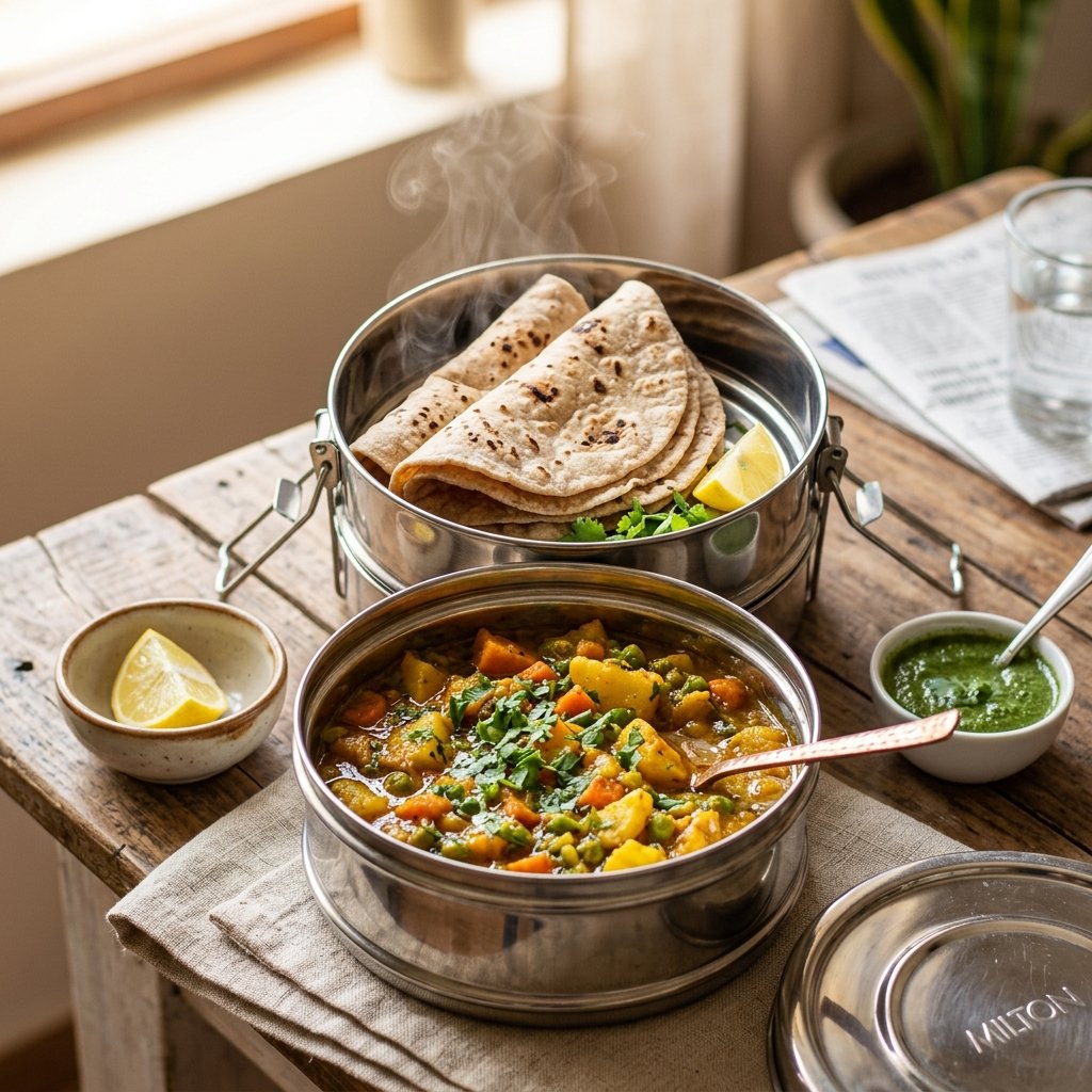 Fresh Homemade Indian Chapati and Bhaji Tiffin