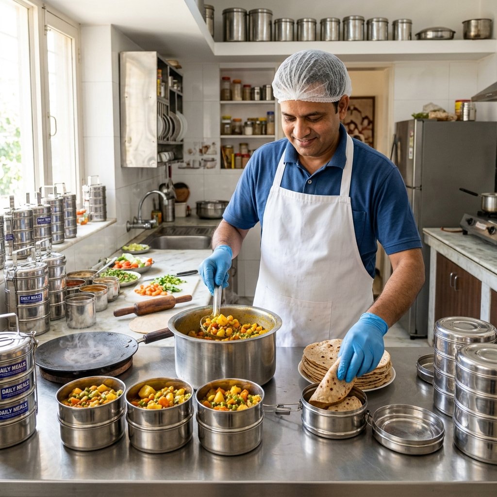Hygienic Home Kitchen Cook Preparing Tiffin