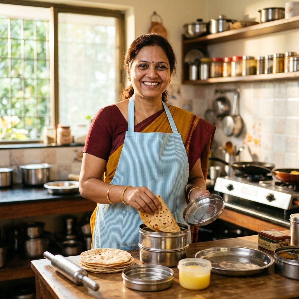Indian Woman Home Cook Packing Fresh Tiffin